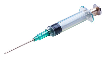 A medical syringe with a sharp needle isolated on a transparent background, representing healthcare and treatment