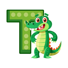 Playful Alligator Character with Big Alphabet T | Cute Animal Cartoon Illustration for Kids, Preschool Learning, Children Book, Education