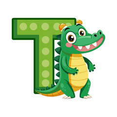 Playful Alligator Character with Big Alphabet T | Cute Animal Cartoon Illustration for Kids, Preschool Learning, Children Book, Education