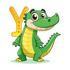 Playful Alligator Character with Big Alphabet Y, Cute Cartoon Animal Illustration for Children Learning Books, Educational Kids Vector Design