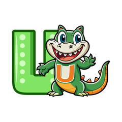 Playful Alligator Character with Big Alphabet U | Cute Animal Vector Illustration for Kids Learning, Alphabet Poster, Children Book Design