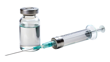 Glass vial with clear liquid and medical syringe with needle, isolated on transparent background