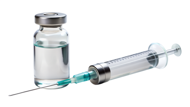 Glass vial with clear liquid and medical syringe with needle, isolated on transparent background