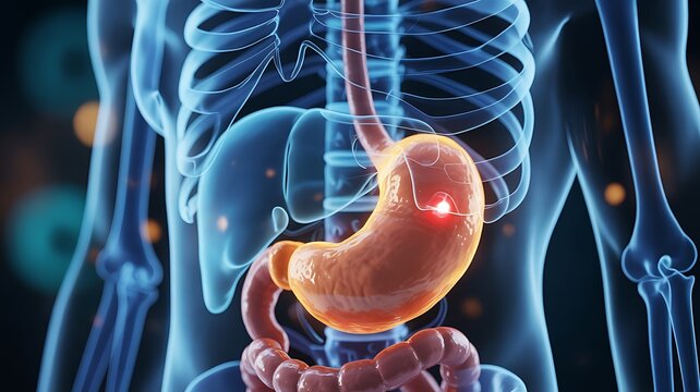 Anatomical illustration of the human stomach and digestive system