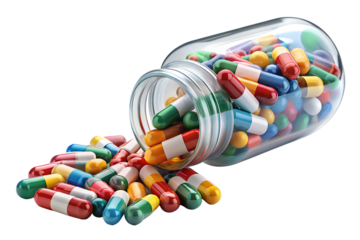 A bottle of colorful medicine capsules spilled onto a transparent background, symbolizing health and treatment