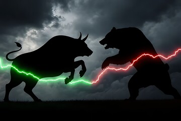 silhouette bull and bear statue locked in combat , glowing red and green stock chart line. background is a dark stormy sky and lighting.