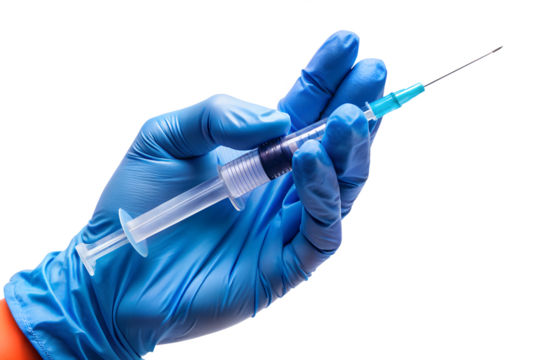 A gloved hand holds a medical syringe with a needle, isolated on transparent background
