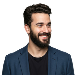 Fototapeta premium Smiling caucasian man with dark curly hair and beard wearing a blue blazer and black shirt isolated on transparent background