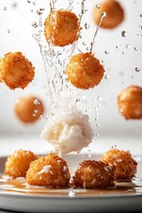 kanom krok bite flying with coconut cream drizzle, isolated on white background