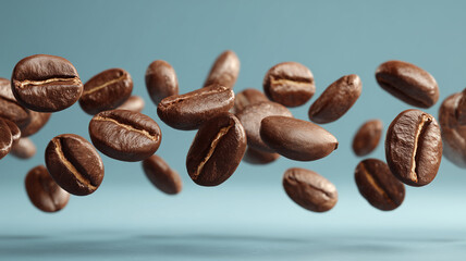 Obraz premium Floating Coffee Beans on a Blue Background