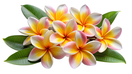 Naklejka premium A beautiful cluster of pink, yellow, and white plumeria flowers with green leaves, isolated on a transparent background