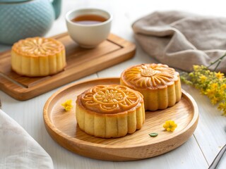Traditional chinese mooncakes with intricate patterns served on a wooden plate with tea and floral decorations