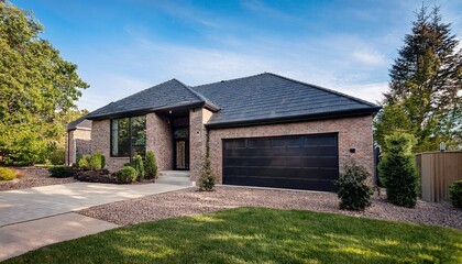 Obraz premium modern residential architecture featuring a stylish black shingled roof on a brick home surrounded by lush green trees and a paved driveway