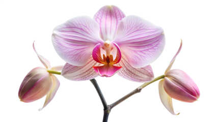 Closeup of a delicate pink phalaenopsis orchid flower with buds, isolated on transparent background