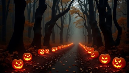 A spooky halloween night scene with glowing jack olanterns lining a dark forest path, creating an eerie and festive atmosphere for a scary and memorable halloween celebration