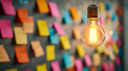 A vintage incandescent light bulb hanging in front of a colorful, blurred wall of sticky notes and papers