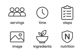 Recipe icon set: servings, time, steps, image, ingredients, nutrition