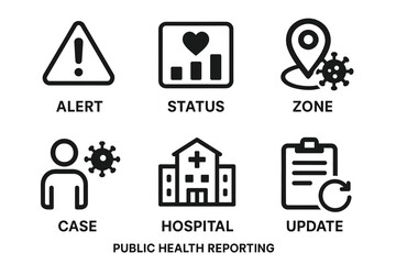 Public health reporting icons: alert, status, zone, case, hospital, update