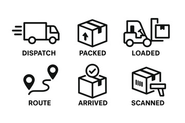 Delivery process icons: dispatch, packed, loaded, route, arrived, scanned
