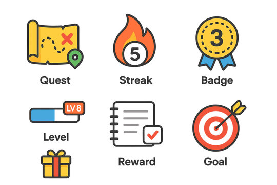 Colorful icons representing quest streak badge level reward goal in gamification design