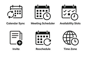 Calendar management icons: sync, scheduler, availability, invite, reschedule, time zone