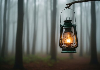 Vintage lantern illuminates misty forest path