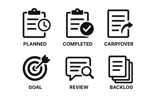 Project management icons: planned, completed, carryover, goal, review, backlog