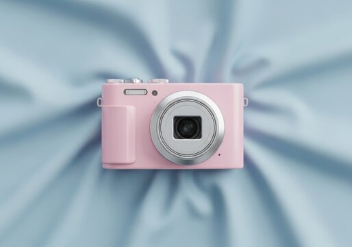 Pink digital camera resting on a textured blue fabric surface