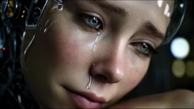 Close-up of an android face with realistic skin and blue eyes, a clear tear rolling down the cheek