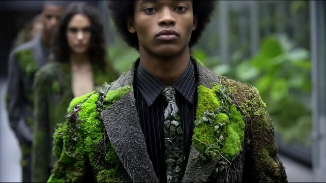 Group of models in suits covered with green moss and vegetation walking on a runway inside a greenhouse