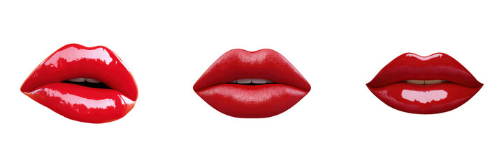 Red Glossy Lips Art Set. Beauty And Fashion Expression Collection Isolated On Transparent Background