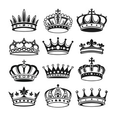 Twelve Ornate Black Silhouette Crowns on White Background royal royalty