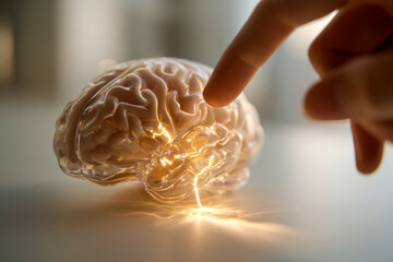 Human brain model with illuminated neural pathways being touched by a finger