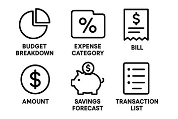 Financial icons: budget breakdown, expense category, bill, amount, savings forecast, transaction list