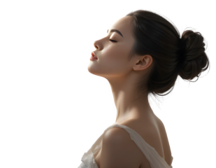Young woman profile portrait with eyes closed isolated on transparent background