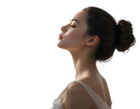 Young woman profile portrait with eyes closed isolated on transparent background