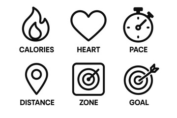 Fitness tracker icons: calories, heart, pace, distance, zone, goal
