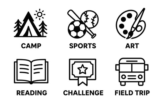 Icons representing summer camp activities: camp, sports, art, reading, challenge, field trip