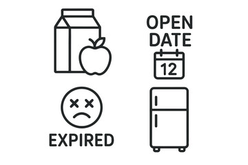 Food storage icons: expiry date, apple, milk carton, refrigerator, calendar