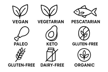Icons representing vegan, vegetarian, pescatarian, paleo, keto, gluten-free, dairy-free, organic diets