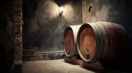 Wooden wine barrels in old cellar. Rustic wooden wine barrels stored inside traditional stone cellar