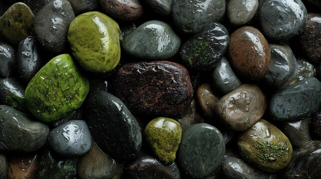 realistic texture of various wet stones viewed strictly from above, full frame top-down view