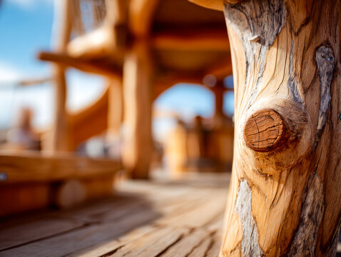 Close-up of a rustic wooden post at an outdoor deck with blurred background