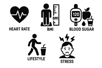 Health metrics and lifestyle: heart rate, bmi, blood sugar, stress icons