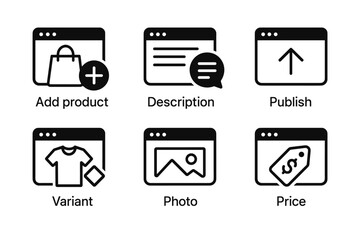 Fototapeta premium E-commerce icons: add product, description, publish, variant, photo, price