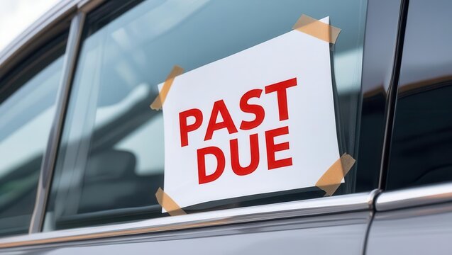 Auto loan delinquency notice on vehicle car repossession process urban environment close-up viewpoint financial consequences