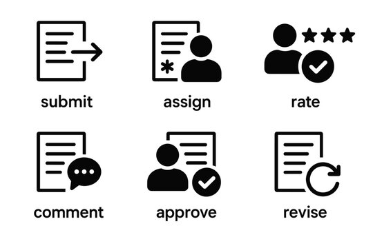 Set of workflow icons: submit, assign, rate, comment, approve, revise