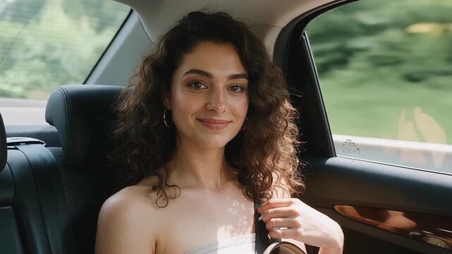 Smiling woman gently looking at camera while orbital cinematography creates dynamic slow motion portrait with warm expression