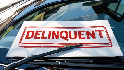 Auto loan delinquency notice on vehicle car repossession process past due auto loan urban environment close-up view