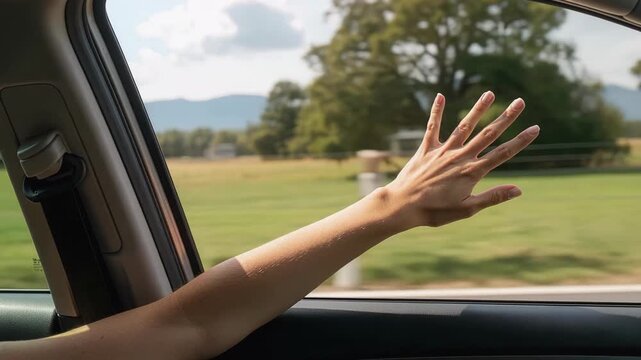 Woman passenger hand remaining still in foreground while scenic landscape passes by through moving vehicle window during road trip